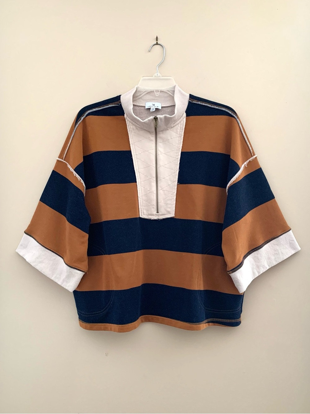 Urban Daizy half zip pullover striped navy blue/ brown sweatshirt pockets